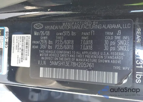 2008 Hyundai Santa Fe Limited/Se from USA, damaged, VIN 5NMSH13E78H205261